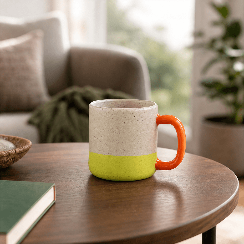 The same handmade ceramic mug styled on a warm living-room table