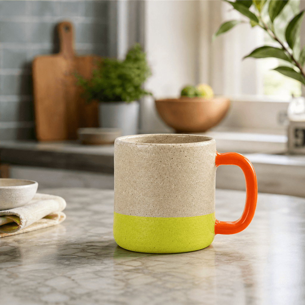The same handmade ceramic mug photographed in soft daylight on a kitchen counter