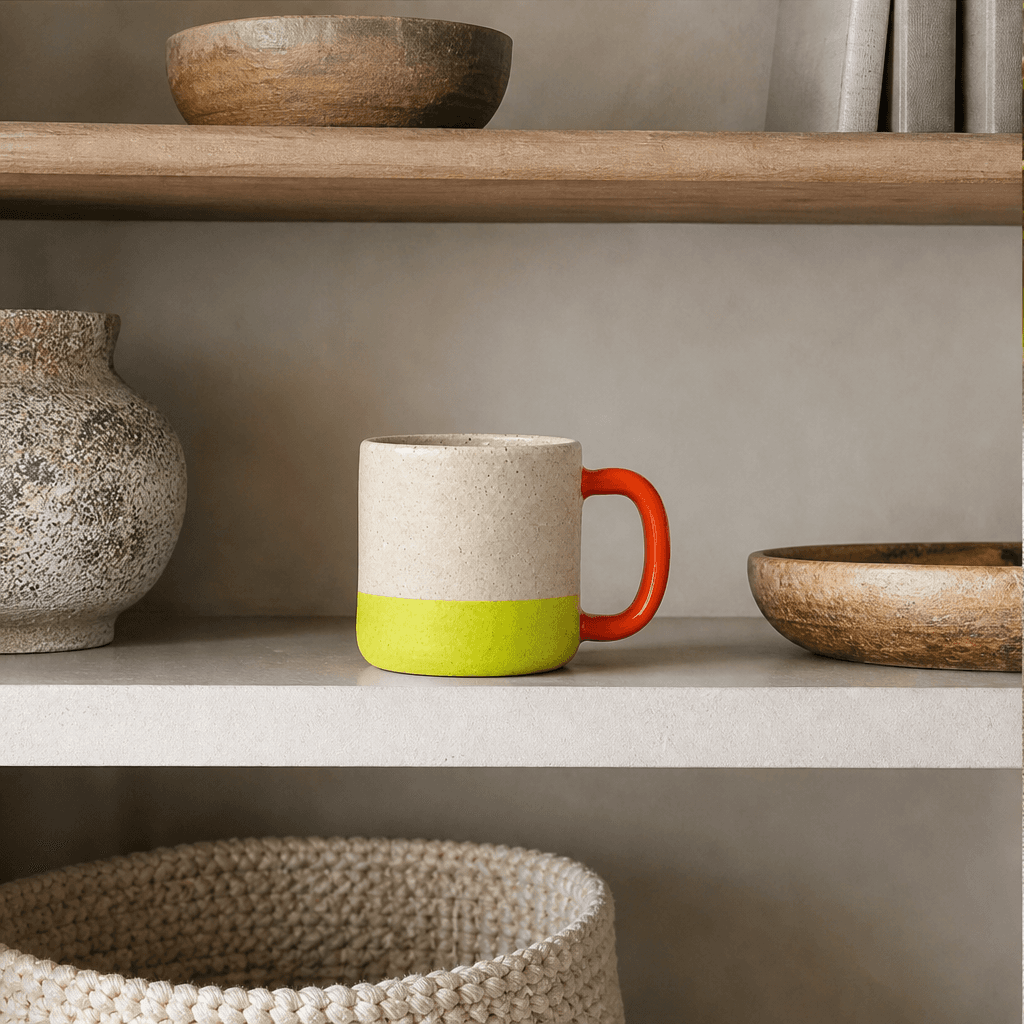 The same handmade ceramic mug displayed among ceramics in a warm interior